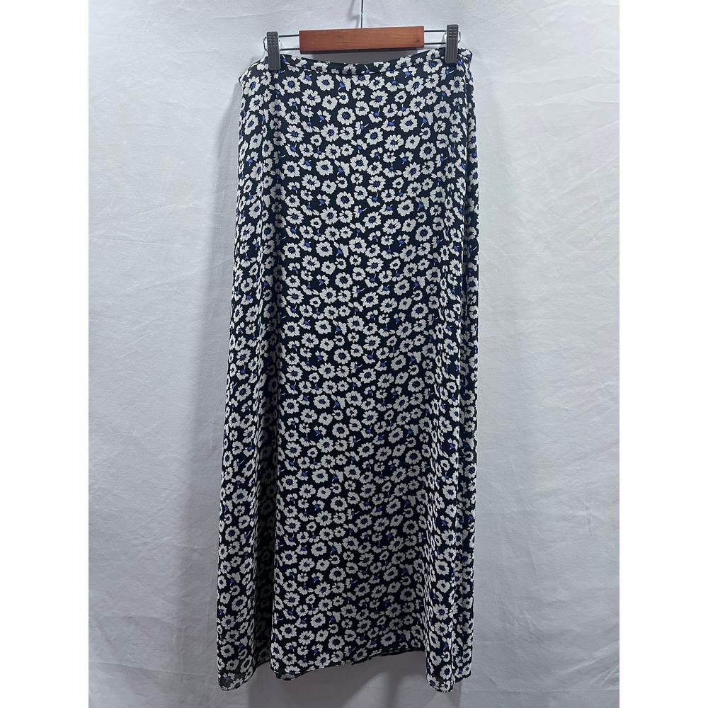 Madison Studio Silk Floral Maxi Skirt Black White Blue Long Lined Side Slit Sz 4